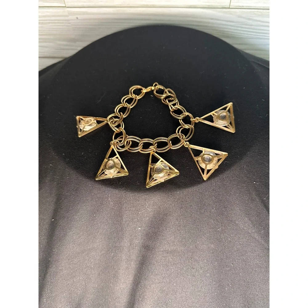 Vintage Pyramid Charm Gold Tone Bracelet with Clear Gems Excellent Geometric